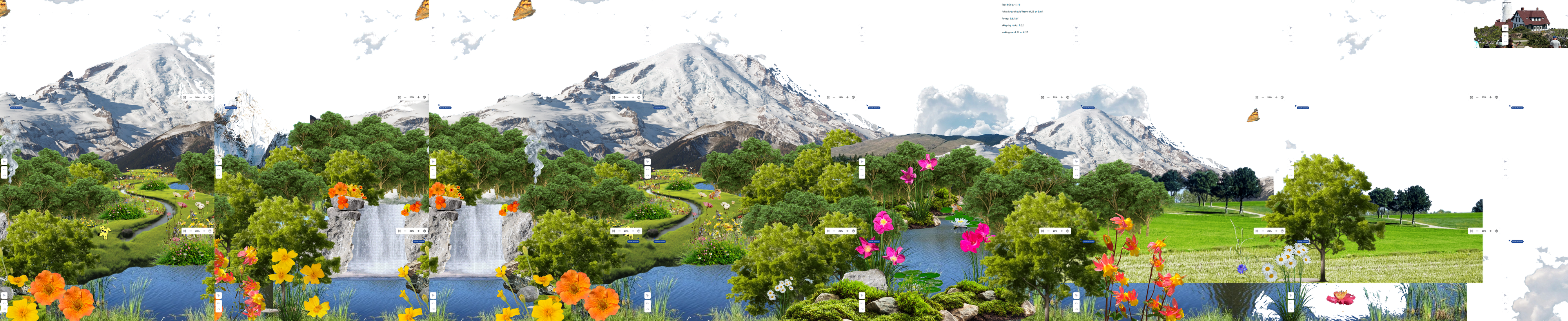 A bright handmade landscape collage filled with mountains, trees, water, and wildflowers